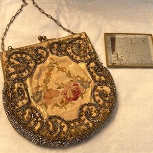 Antique/Vintage Tiny Embroidered And Beaded Purse-FAIR SHAPE